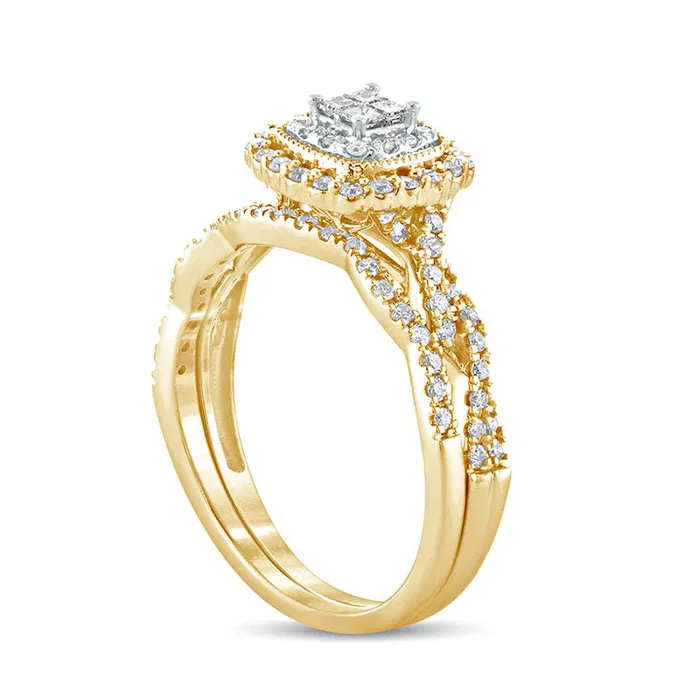 Goldia Rings 050 CT TW PrincessCut Quad Natural Diamond Frame Twist Shank Bridal Engagement Ring Set in Solid 10K Yellow Gold Goldia Rings 050 CT TW PrincessCut Quad Natural Diamond Frame Twist Shank Bridal Engagement Ring Set in Solid 10K Yellow Gold