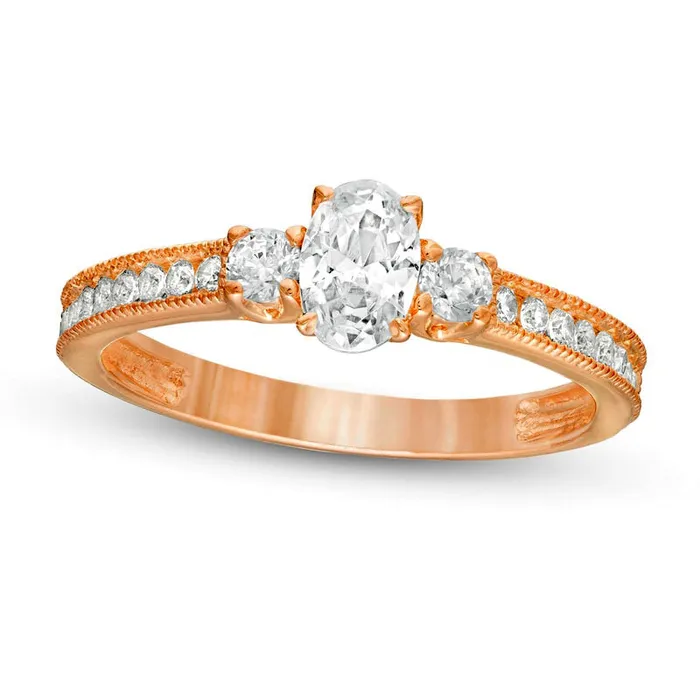 Goldia Rings 088 CT TW Oval and Round Natural Diamond Three Stone Engagement Ring in Solid 14K Rose Gold