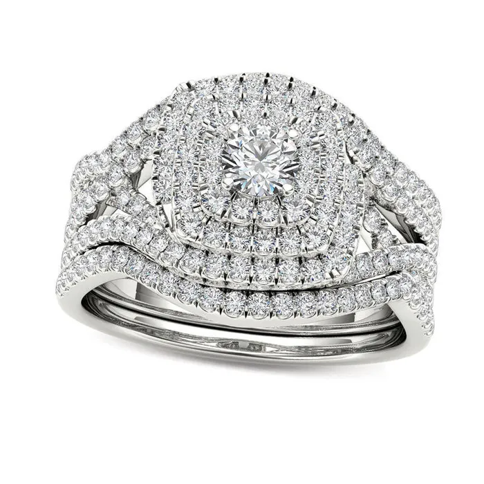 Goldia Rings 10 CT TW Natural Diamond Cushion Frame Split Shank Three Piece Bridal Engagement Ring Set in Solid 14K White Gold Goldia Rings 10 CT TW Natural Diamond Cushion Frame Split Shank Three Piece Bridal Engagement Ring Set in Solid 14K White Gold