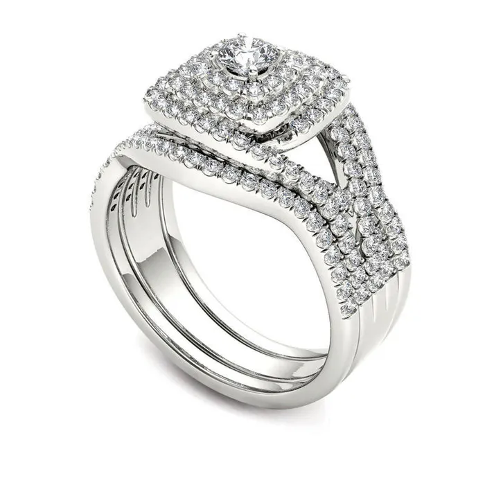Goldia Rings 10 CT TW Natural Diamond Cushion Frame Split Shank Three Piece Bridal Engagement Ring Set in Solid 14K White Gold Goldia Rings 10 CT TW Natural Diamond Cushion Frame Split Shank Three Piece Bridal Engagement Ring Set in Solid 14K White Gold