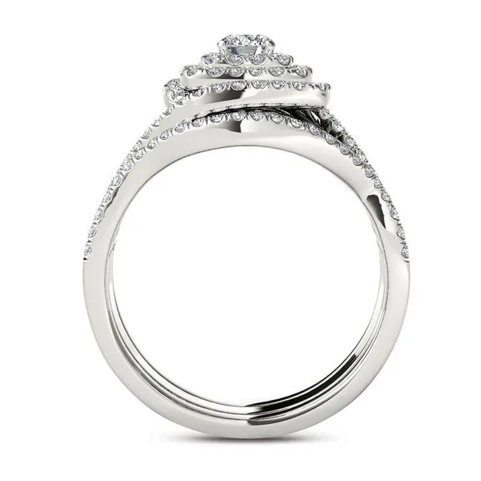 Goldia Rings 10 CT TW Natural Diamond Cushion Frame Split Shank Three Piece Bridal Engagement Ring Set in Solid 14K White Gold Goldia Rings 10 CT TW Natural Diamond Cushion Frame Split Shank Three Piece Bridal Engagement Ring Set in Solid 14K White Gold