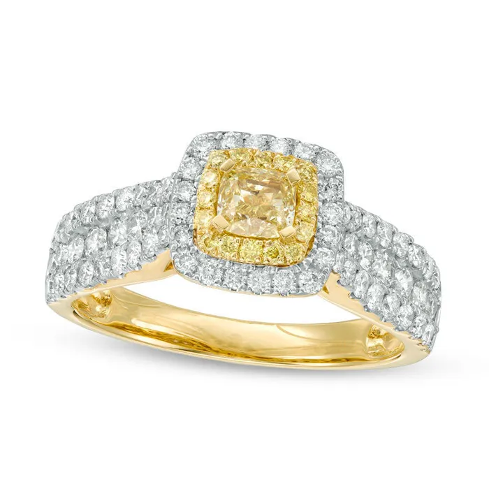 Goldia Rings 15 CT TW CushionCut Yellow and White Natural Diamond Double Frame MultiRow Engagement Ring in Solid 14K Gold Size 7
