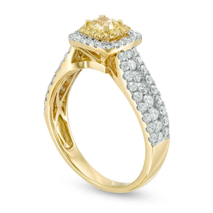 Goldia Rings 15 CT TW CushionCut Yellow and White Natural Diamond Double Frame MultiRow Engagement Ring in Solid 14K Gold Size 7 Goldia Rings 15 CT TW CushionCut Yellow and White Natural Diamond Double Frame MultiRow Engagement Ring in Solid 14K Gold Size 7