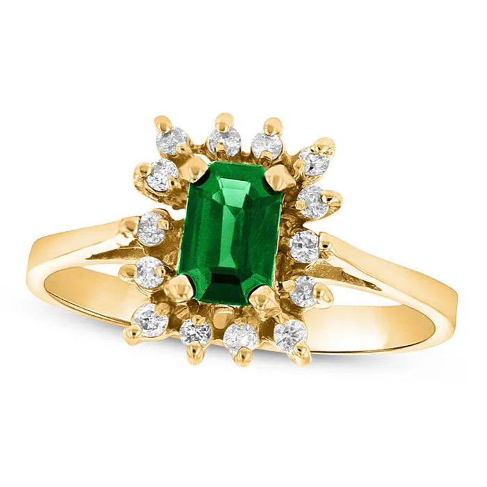 Goldia Rings EmeraldCut Emerald and 013 CT TW Natural Diamond Starburst Frame Ring in Solid 14K Gold Goldia Rings EmeraldCut Emerald and 013 CT TW Natural Diamond Starburst Frame Ring in Solid 14K Gold