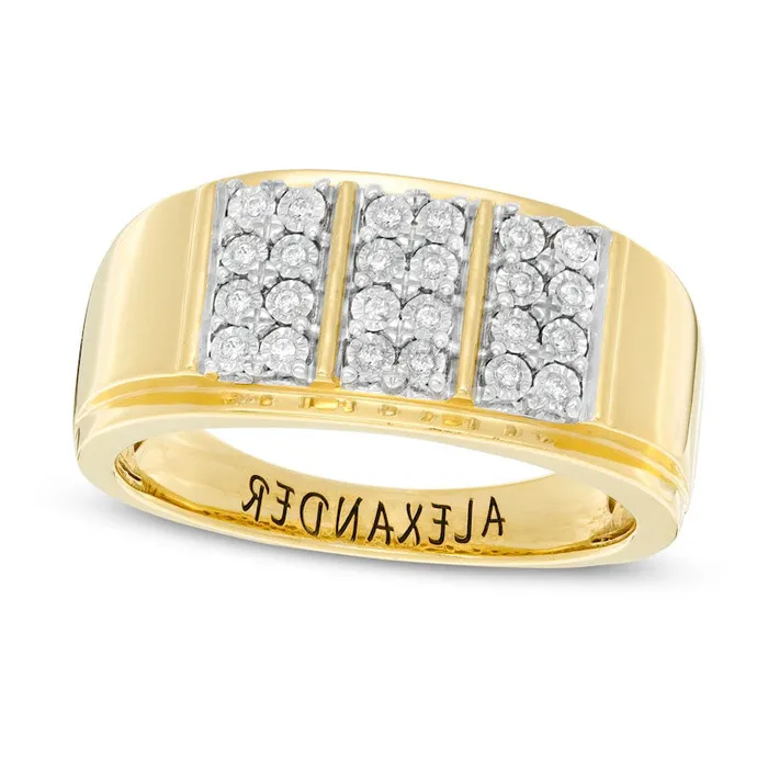 Goldia Rings Mens 010 CT TW Natural Diamond Engravable Double Row Vertical Trio Ring in Sterling Silver with Solid 14K Gold Plate 1 Line Goldia Rings Mens 010 CT TW Natural Diamond Engravable Double Row Vertical Trio Ring in Sterling Silver with Solid 14K Gold Plate 1 Line