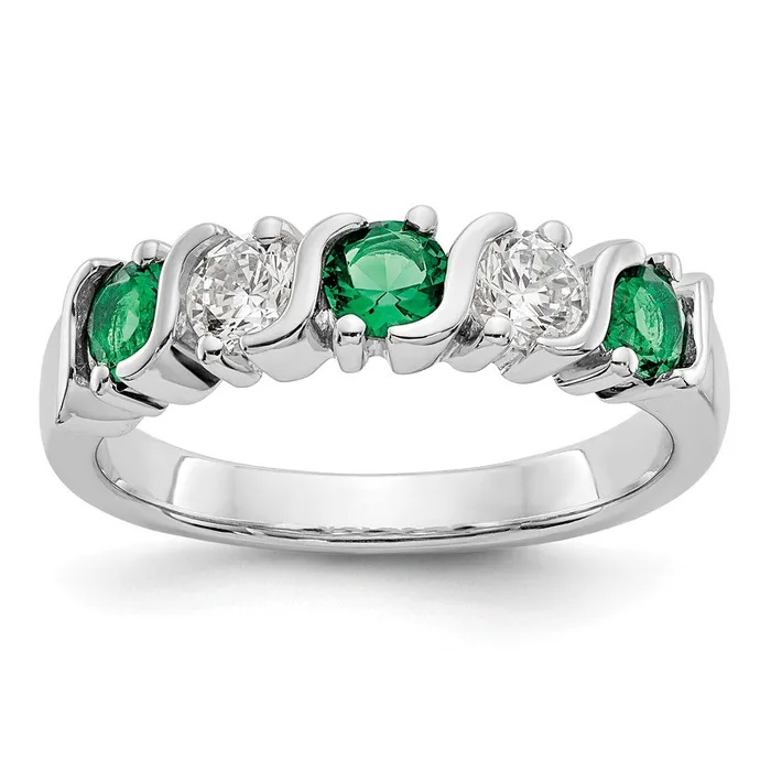 Goldia Solid 14k White Gold Simulated CZ wSimulated Emerald Band Rings