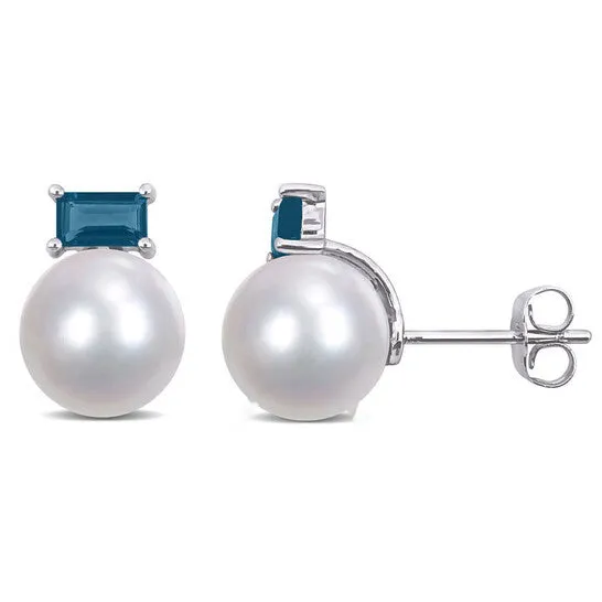 JMS always Earrings Original AMOUR 995mm Cultured Freshwater Pearl and 45 CT TGW Baguette Londonblue Topaz Stud Earrings In 10K White Gold JMS always Earrings Original AMOUR 995mm Cultured Freshwater Pearl and 45 CT TGW Baguette Londonblue Topaz Stud Earrings In 10K White Gold