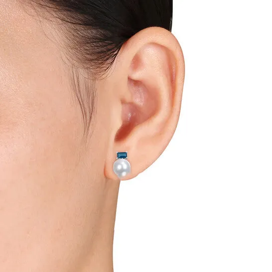 JMS always Earrings Original AMOUR 995mm Cultured Freshwater Pearl and 45 CT TGW Baguette Londonblue Topaz Stud Earrings In 10K White Gold