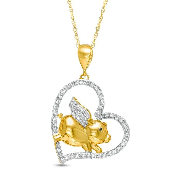 Necklaces Goldia 017 CT TW Enhanced Black and White Natural Diamond Pig with Wings Heart Pendant in Sterling Silver with 14K Gold Plate Necklaces Goldia 017 CT TW Enhanced Black and White Natural Diamond Pig with Wings Heart Pendant in Sterling Silver with 14K Gold Plate