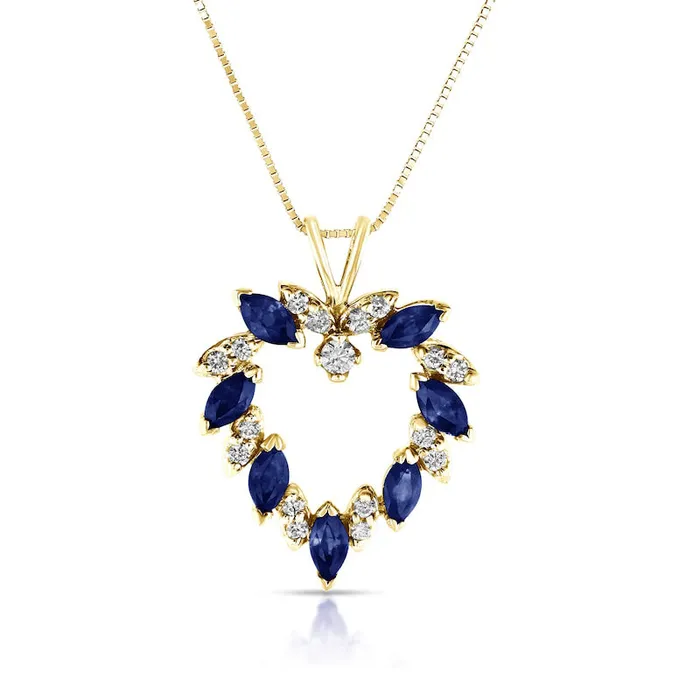 Necklaces Marquise Blue Sapphire and 02 CT TW Natural Diamond Leaf Alternating Wreath Heart Pendant in 14K Gold Goldia Necklaces Marquise Blue Sapphire and 02 CT TW Natural Diamond Leaf Alternating Wreath Heart Pendant in 14K Gold Goldia