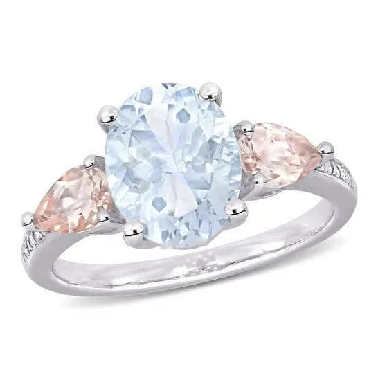 Original Amour 005 CT TDW Diamond and 3 CT TGW Ice Aquamarine and Morganite 3Stone Ring in Sterling Silver JMS always Rings Original Amour 005 CT TDW Diamond and 3 CT TGW Ice Aquamarine and Morganite 3Stone Ring in Sterling Silver JMS always Rings