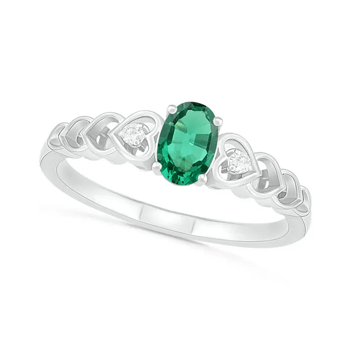 Oval LabCreated Emerald and Diamond Accent HeartSides Trio Ring in Sterling Silver Goldia Rings Oval LabCreated Emerald and Diamond Accent HeartSides Trio Ring in Sterling Silver Goldia Rings