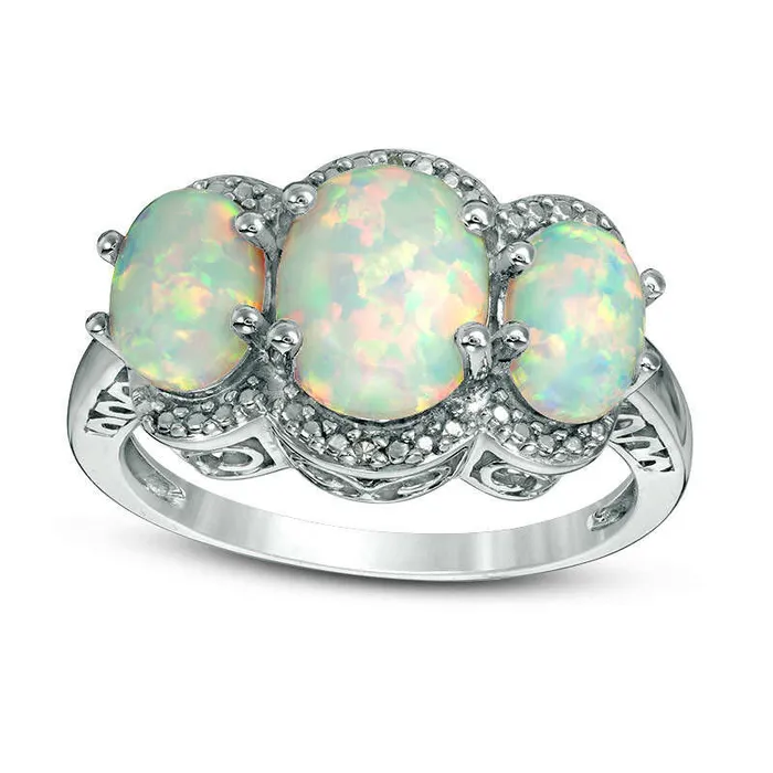 Oval LabCreated Opal and Diamond Accent Three Stone Frame Ring in Sterling Silver Goldia Rings Oval LabCreated Opal and Diamond Accent Three Stone Frame Ring in Sterling Silver Goldia Rings