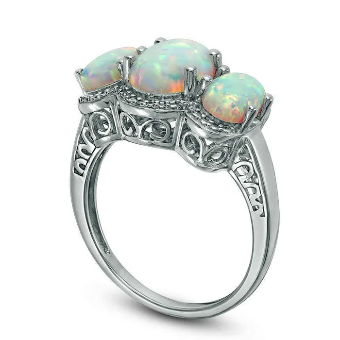 Oval LabCreated Opal and Diamond Accent Three Stone Frame Ring in Sterling Silver Goldia Rings Oval LabCreated Opal and Diamond Accent Three Stone Frame Ring in Sterling Silver Goldia Rings