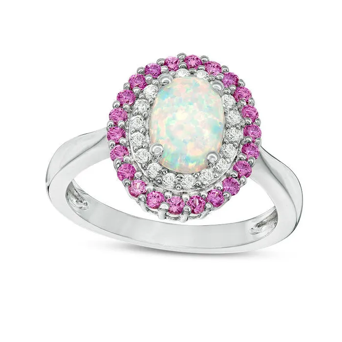 Oval LabCreated Opal with Pink and White Sapphire Double Frame Ring in Sterling Silver Size 7 Goldia Rings Oval LabCreated Opal with Pink and White Sapphire Double Frame Ring in Sterling Silver Size 7 Goldia Rings