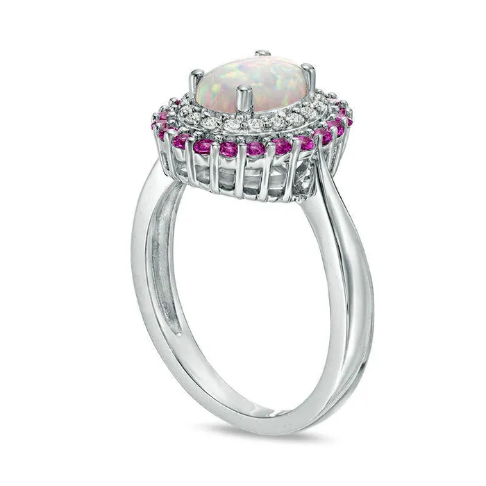Oval LabCreated Opal with Pink and White Sapphire Double Frame Ring in Sterling Silver Size 7 Goldia Rings Oval LabCreated Opal with Pink and White Sapphire Double Frame Ring in Sterling Silver Size 7 Goldia Rings