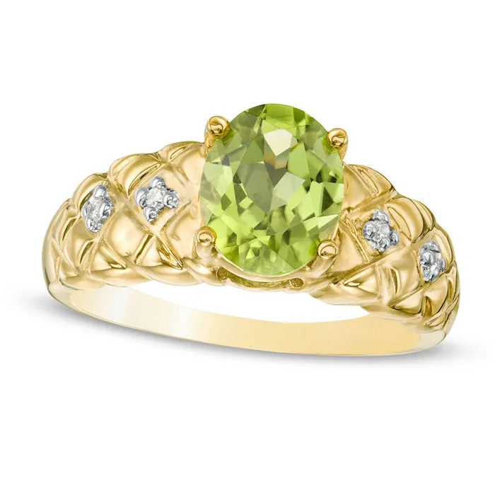 Oval LabCreated Peridot and 005 CT TW Diamond Quilted Ring in Solid 10K Yellow Gold Goldia Rings Oval LabCreated Peridot and 005 CT TW Diamond Quilted Ring in Solid 10K Yellow Gold Goldia Rings