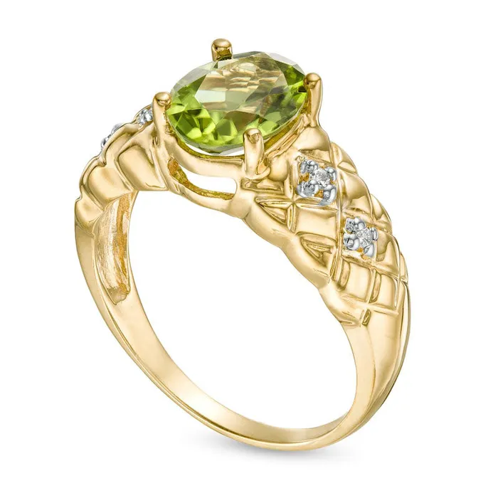 Oval LabCreated Peridot and 005 CT TW Diamond Quilted Ring in Solid 10K Yellow Gold Goldia Rings Oval LabCreated Peridot and 005 CT TW Diamond Quilted Ring in Solid 10K Yellow Gold Goldia Rings