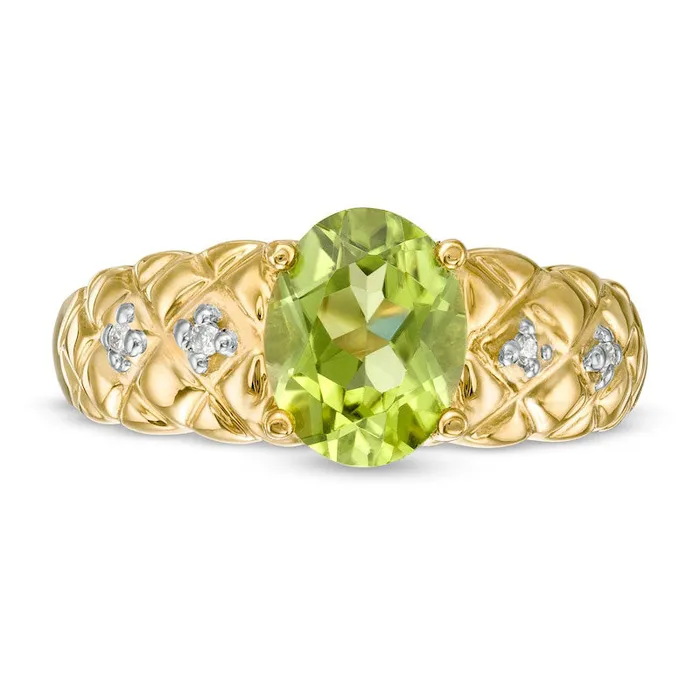 Oval LabCreated Peridot and 005 CT TW Diamond Quilted Ring in Solid 10K Yellow Gold Goldia Rings Oval LabCreated Peridot and 005 CT TW Diamond Quilted Ring in Solid 10K Yellow Gold Goldia Rings