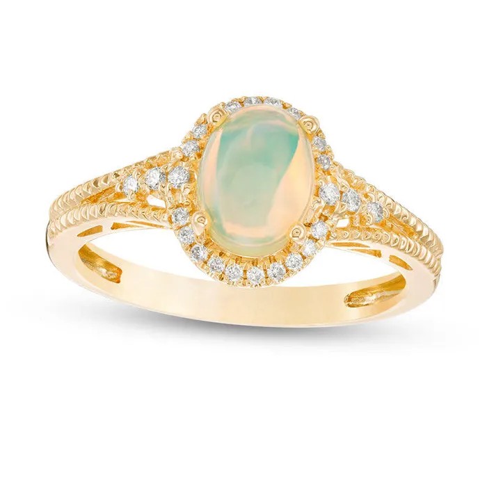 Oval Opal and 010 CT TW Natural Diamond Frame Antique VintageStyle Ring in Solid 10K Yellow Gold Goldia Rings Oval Opal and 010 CT TW Natural Diamond Frame Antique VintageStyle Ring in Solid 10K Yellow Gold Goldia Rings