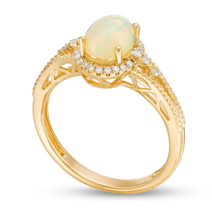 Oval Opal and 010 CT TW Natural Diamond Frame Antique VintageStyle Ring in Solid 10K Yellow Gold Goldia Rings Oval Opal and 010 CT TW Natural Diamond Frame Antique VintageStyle Ring in Solid 10K Yellow Gold Goldia Rings
