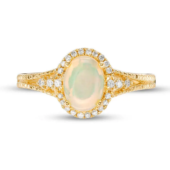 Oval Opal and 010 CT TW Natural Diamond Frame Antique VintageStyle Ring in Solid 10K Yellow Gold Goldia Rings Oval Opal and 010 CT TW Natural Diamond Frame Antique VintageStyle Ring in Solid 10K Yellow Gold Goldia Rings