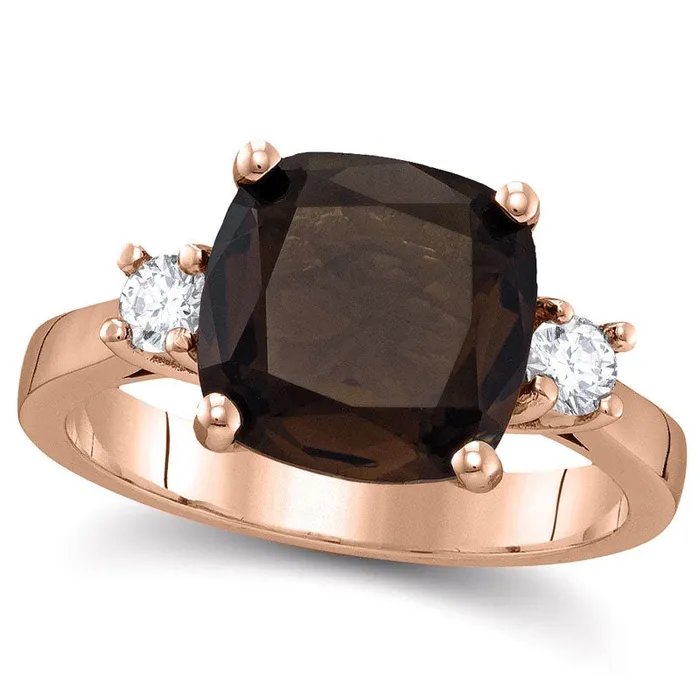 Rings 100mm CushionCut Smoky Quartz and 020 CT TW Natural Diamond Three Stone Ring in Solid 10K Rose Gold Goldia Rings 100mm CushionCut Smoky Quartz and 020 CT TW Natural Diamond Three Stone Ring in Solid 10K Rose Gold Goldia