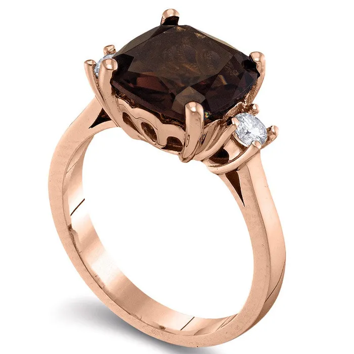 Rings 100mm CushionCut Smoky Quartz and 020 CT TW Natural Diamond Three Stone Ring in Solid 10K Rose Gold Goldia Rings 100mm CushionCut Smoky Quartz and 020 CT TW Natural Diamond Three Stone Ring in Solid 10K Rose Gold Goldia
