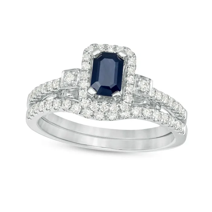 Rings EmeraldCut Blue Sapphire and 050 CT TW Natural Diamond Octagon Frame Bow Tie Bridal Engagement Ring Set in Solid 10K White Gold Goldia Rings EmeraldCut Blue Sapphire and 050 CT TW Natural Diamond Octagon Frame Bow Tie Bridal Engagement Ring Set in Solid 10K White Gold Goldia
