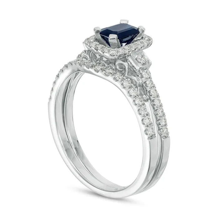 Rings EmeraldCut Blue Sapphire and 050 CT TW Natural Diamond Octagon Frame Bow Tie Bridal Engagement Ring Set in Solid 10K White Gold Goldia Rings EmeraldCut Blue Sapphire and 050 CT TW Natural Diamond Octagon Frame Bow Tie Bridal Engagement Ring Set in Solid 10K White Gold Goldia