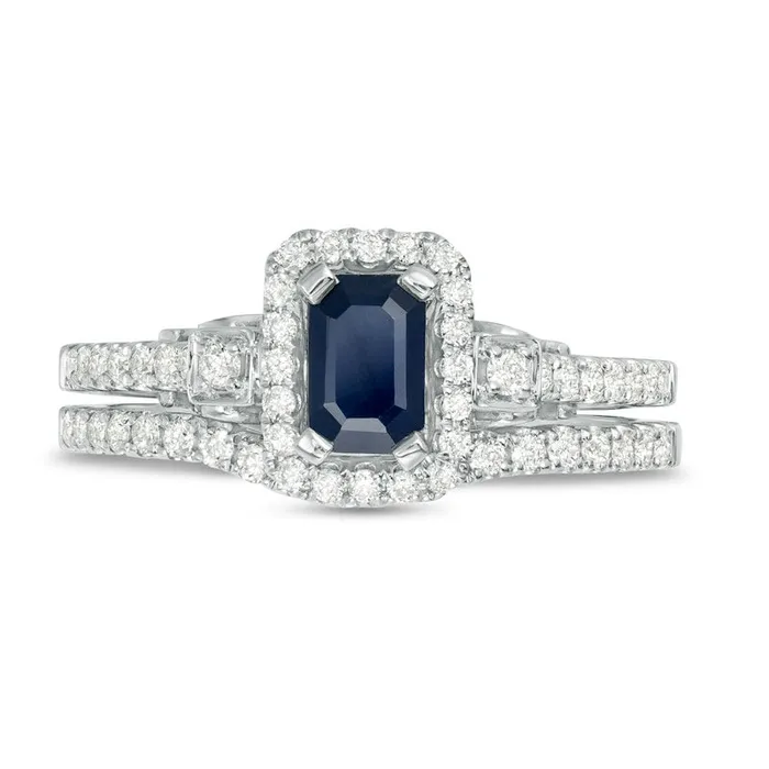 Rings EmeraldCut Blue Sapphire and 050 CT TW Natural Diamond Octagon Frame Bow Tie Bridal Engagement Ring Set in Solid 10K White Gold Goldia Rings EmeraldCut Blue Sapphire and 050 CT TW Natural Diamond Octagon Frame Bow Tie Bridal Engagement Ring Set in Solid 10K White Gold Goldia