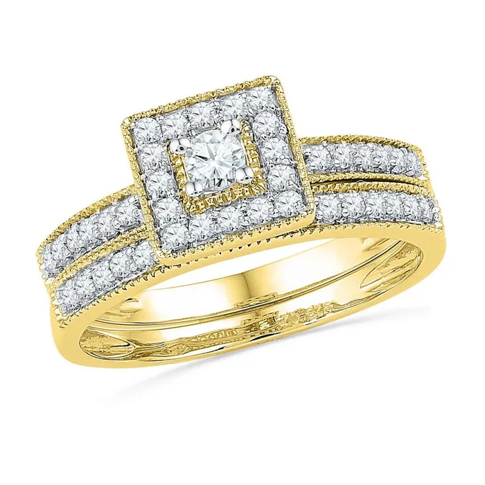 Rings gndatlanta 10k Yellow Gold Round Diamond Square Halo Bridal Wedding Ring Set 12 Cttw Rings gndatlanta 10k Yellow Gold Round Diamond Square Halo Bridal Wedding Ring Set 12 Cttw