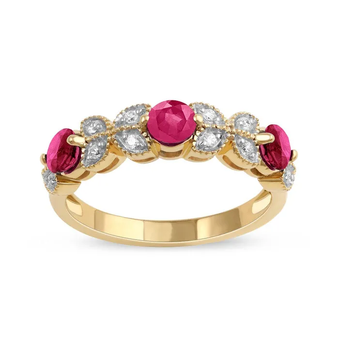 Rings Goldia 40mm Ruby and 010 CT TW Natural Diamond Leaf Accents Antique VintageStyle Three Stone Ring in Solid 10K Yellow Gold Rings Goldia 40mm Ruby and 010 CT TW Natural Diamond Leaf Accents Antique VintageStyle Three Stone Ring in Solid 10K Yellow Gold