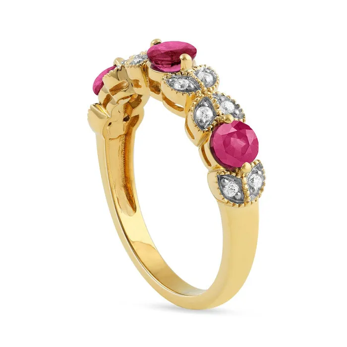 Rings Goldia 40mm Ruby and 010 CT TW Natural Diamond Leaf Accents Antique VintageStyle Three Stone Ring in Solid 10K Yellow Gold Rings Goldia 40mm Ruby and 010 CT TW Natural Diamond Leaf Accents Antique VintageStyle Three Stone Ring in Solid 10K Yellow Gold