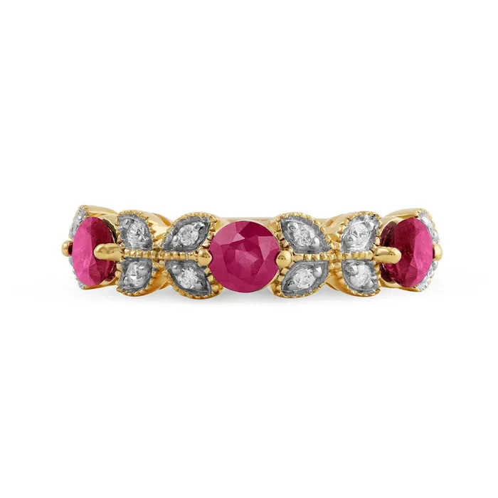 Rings Goldia 40mm Ruby and 010 CT TW Natural Diamond Leaf Accents Antique VintageStyle Three Stone Ring in Solid 10K Yellow Gold Rings Goldia 40mm Ruby and 010 CT TW Natural Diamond Leaf Accents Antique VintageStyle Three Stone Ring in Solid 10K Yellow Gold