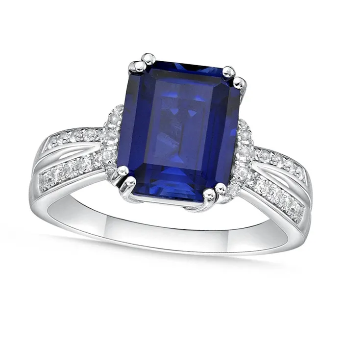 Rings Goldia EmeraldCut Blue and White LabCreated Sapphire Collar Split Shank Ring in Sterling Silver Rings Goldia EmeraldCut Blue and White LabCreated Sapphire Collar Split Shank Ring in Sterling Silver