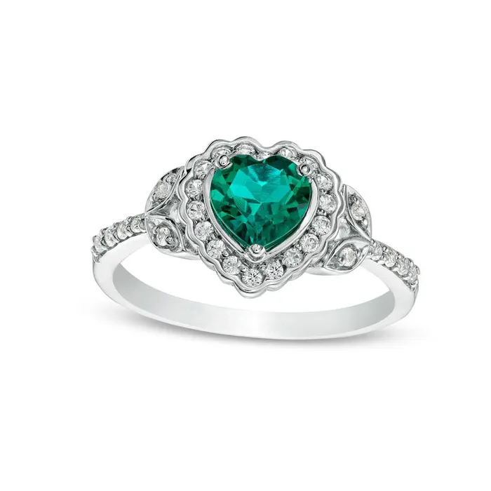 Rings Goldia HeartShaped LabCreated Emerald and White LabCreated Sapphire Scallop Frame LeafSides Flower Ring in Sterling Silver Rings Goldia HeartShaped LabCreated Emerald and White LabCreated Sapphire Scallop Frame LeafSides Flower Ring in Sterling Silver