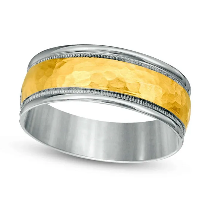 Rings Goldia Mens 80mm Hammered Milgrain Comfort Fit Wedding Band in Solid 14K TwoTone Gold Rings Goldia Mens 80mm Hammered Milgrain Comfort Fit Wedding Band in Solid 14K TwoTone Gold