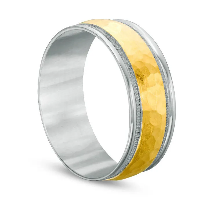 Rings Goldia Mens 80mm Hammered Milgrain Comfort Fit Wedding Band in Solid 14K TwoTone Gold