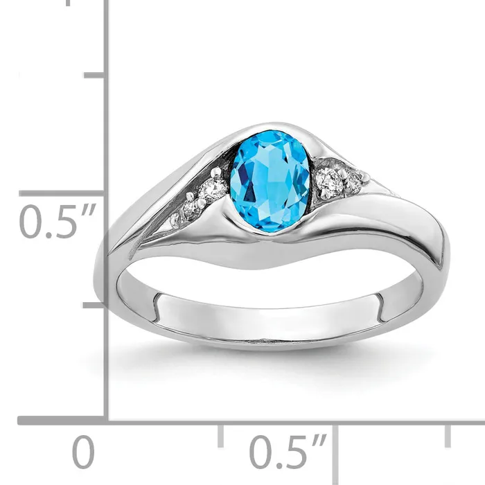 Solid 14k White Gold 6x4mm Oval Simulated Blue Topaz ChecKer VS CZ Ring Goldia Rings