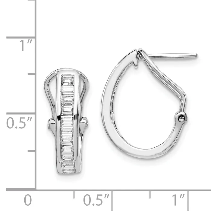 Solid 14k White Gold Baguette Simulated CZ Omega BacK Hoop Earrings Goldia Earrings