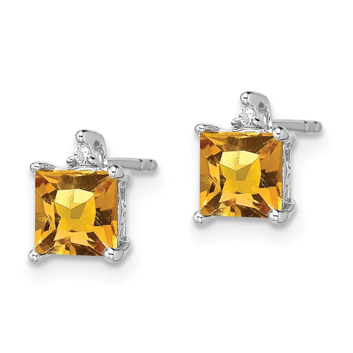 Solid 14k White Gold Princess Simulated Citrine and CZ Earrings Goldia Earrings