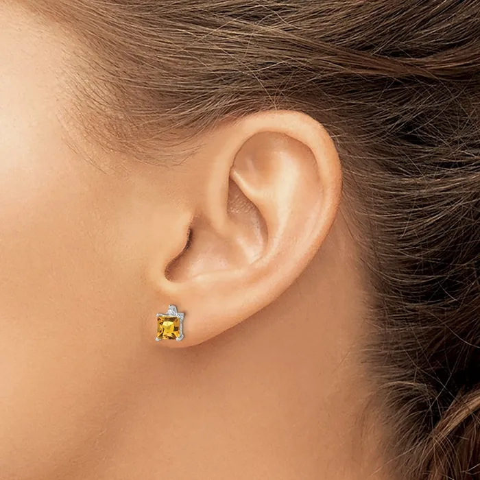 Solid 14k White Gold Princess Simulated Citrine and CZ Earrings Goldia Earrings