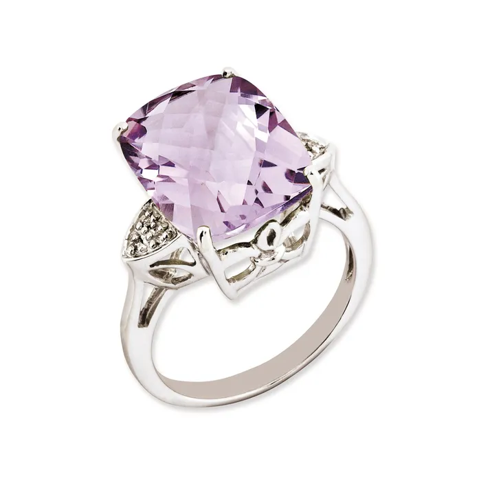 Sterling Silver 14K White Gold Plated CheckerCut Pink Quartz u0026 Diamond Gemstone Birthstone Ring Fine Jewelry Gift for Her Goldia Rings
