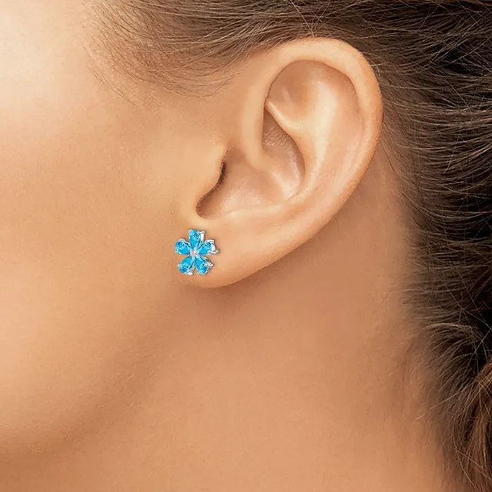 Sterling Silver Rhodium Plated Blue Topaz Flower Earrings Goldia Earrings