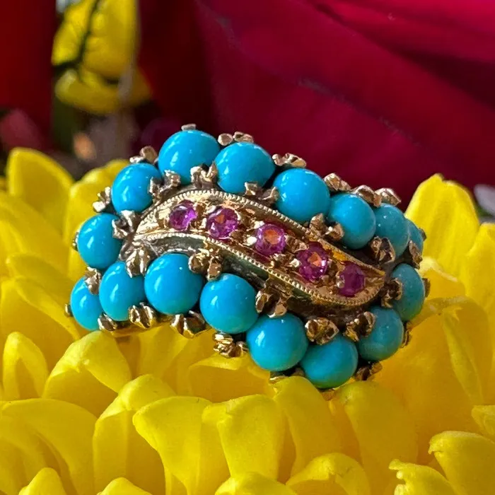 14 Karat Yellow Gold Turquoise Ruby Ring 4100181 ONeills Estate Jewelry Rings 14 Karat Yellow Gold Turquoise Ruby Ring 4100181 ONeills Estate Jewelry Rings