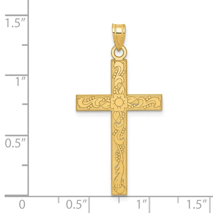 14k Yellow Gold Etched Floral Cross Pendant TreasureFineJewelers Necklaces