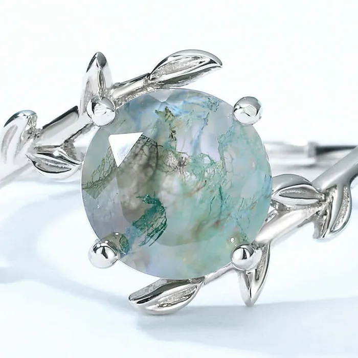 925 Sterling Silver Natural Leaf Moss Agate Adjustable Rings Trendolla Jewelry Rings
