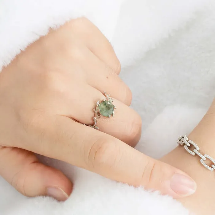 925 Sterling Silver Natural Leaf Moss Agate Adjustable Rings Trendolla Jewelry Rings