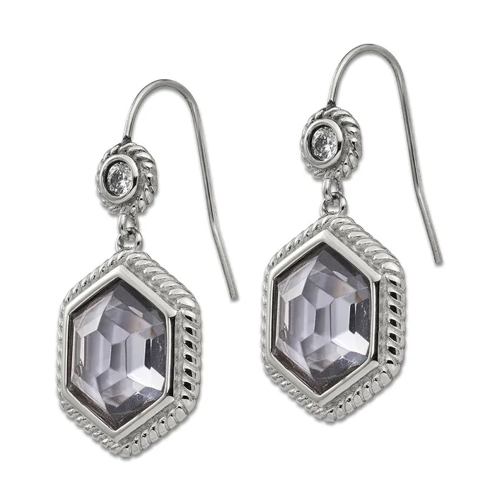 Earrings TreasureFineJewelers Stainless Steel Antiqued and Polished wGrey Glass and CZ Earrings